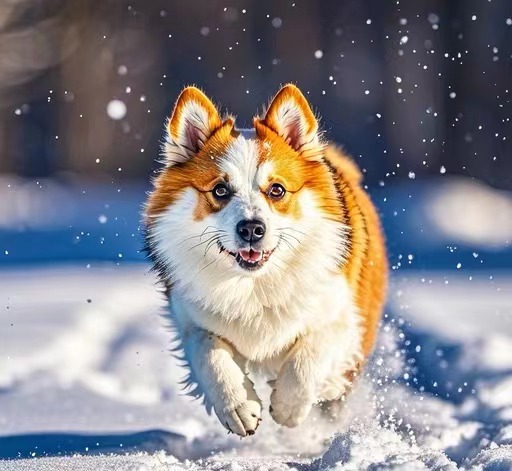 一隻狗在雪地裡奔跑